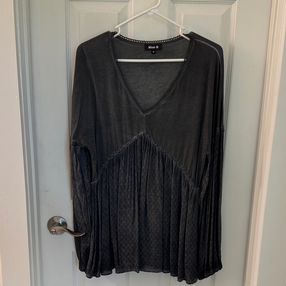 Mix-media Charcoal Gray V-Neck Blouse